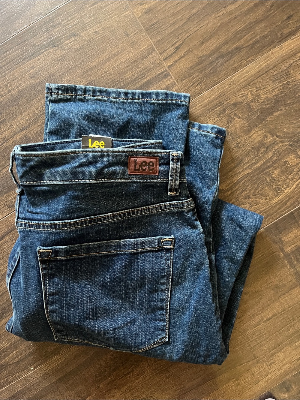 Lee Blue Denim Jeans with Brown Leather Logo Patch
